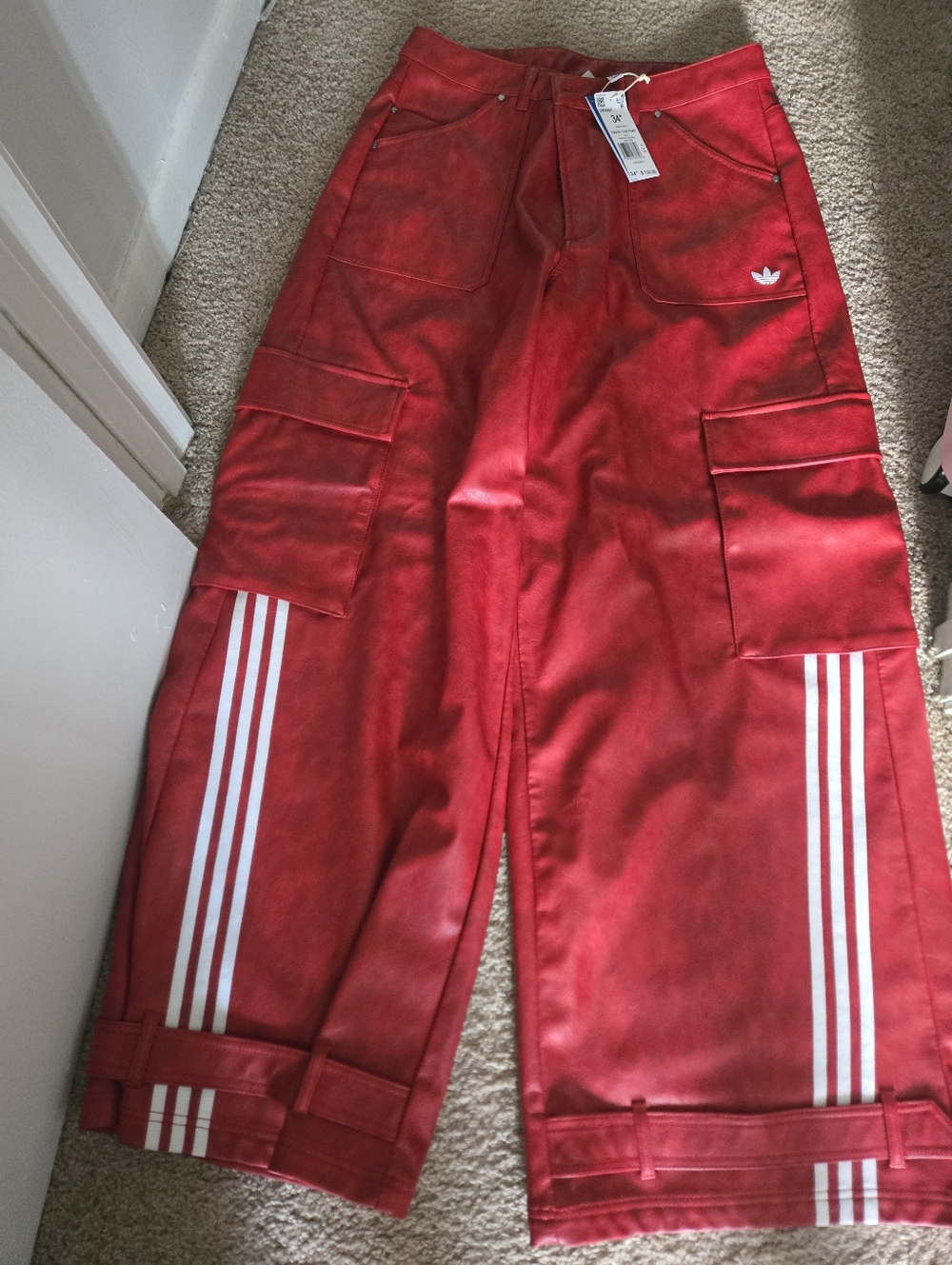 Adidas Red Wide-Leg Faux Leather Cargo Track Pants with White Stripes - Picture 2 of 3